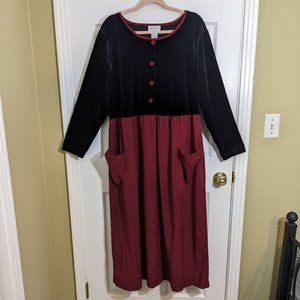 Pellini 1990s Vintage Black Velvet & Red Checkered Maxi Apron Dress - size 18/20